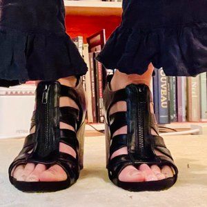 Black Strappy Wedge Shoes, Zipper Front